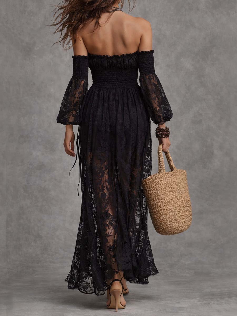 Black Smocked Off-Shoulder Lace Maxi Dress
