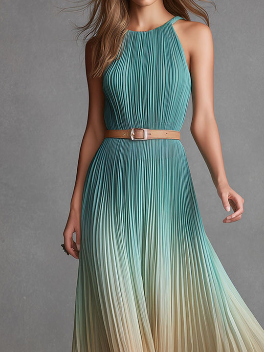 Elegant Gradient Ombre Pleated Maxi Dress With Belted