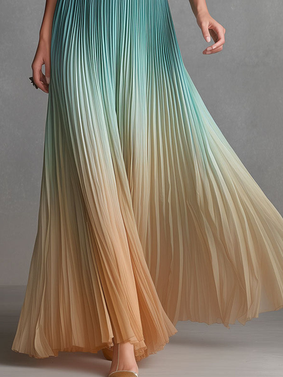 Elegant Gradient Ombre Pleated Maxi Dress With Belted