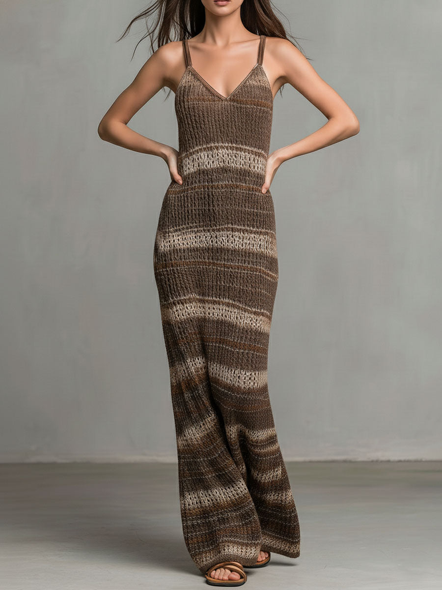Relaxed Fit Earth Tone Striped Knit Maxi Dress