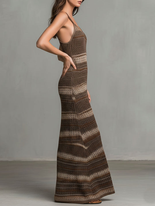 Relaxed Fit Earth Tone Striped Knit Maxi Dress