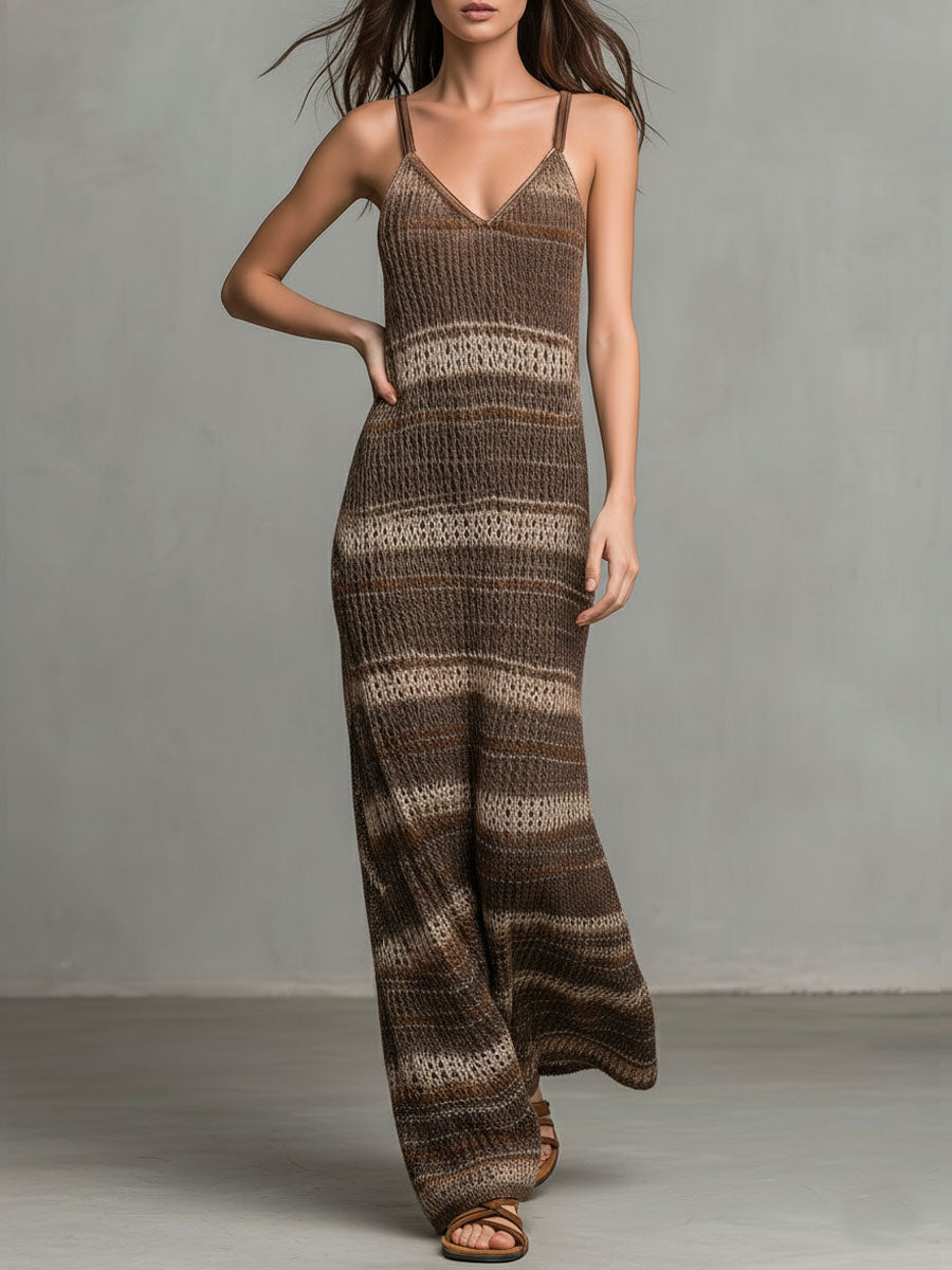 Relaxed Fit Earth Tone Striped Knit Maxi Dress