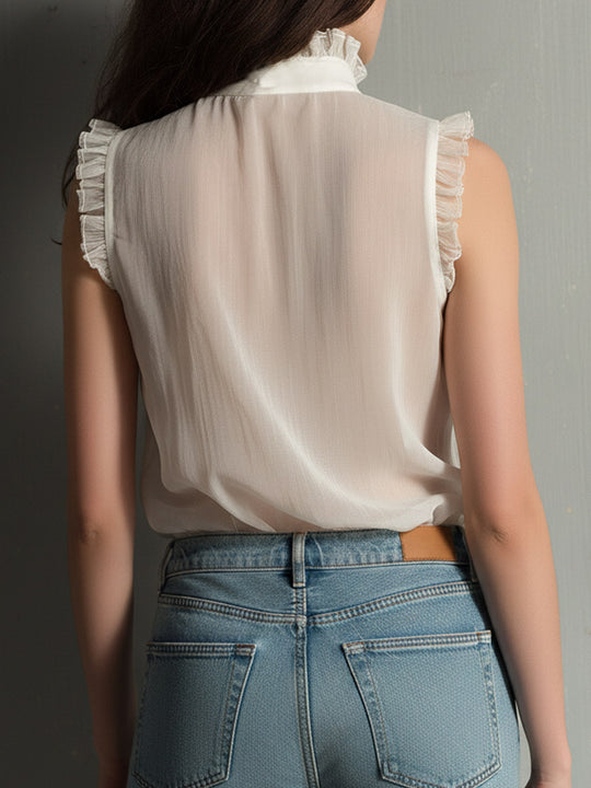 Retro Romantic Sheer Ruffled High-Neck Sleeveless Blouse