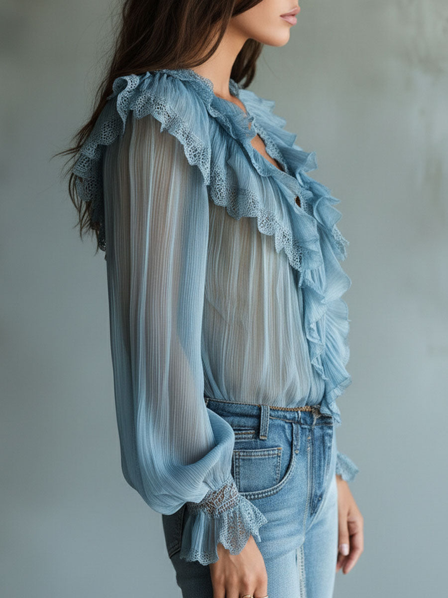 Retro Sky Blue  Lace Trim Pleated Chiffon Ruffle Blouse