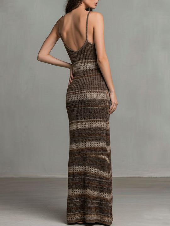 Relaxed Fit Earth Tone Striped Knit Maxi Dress
