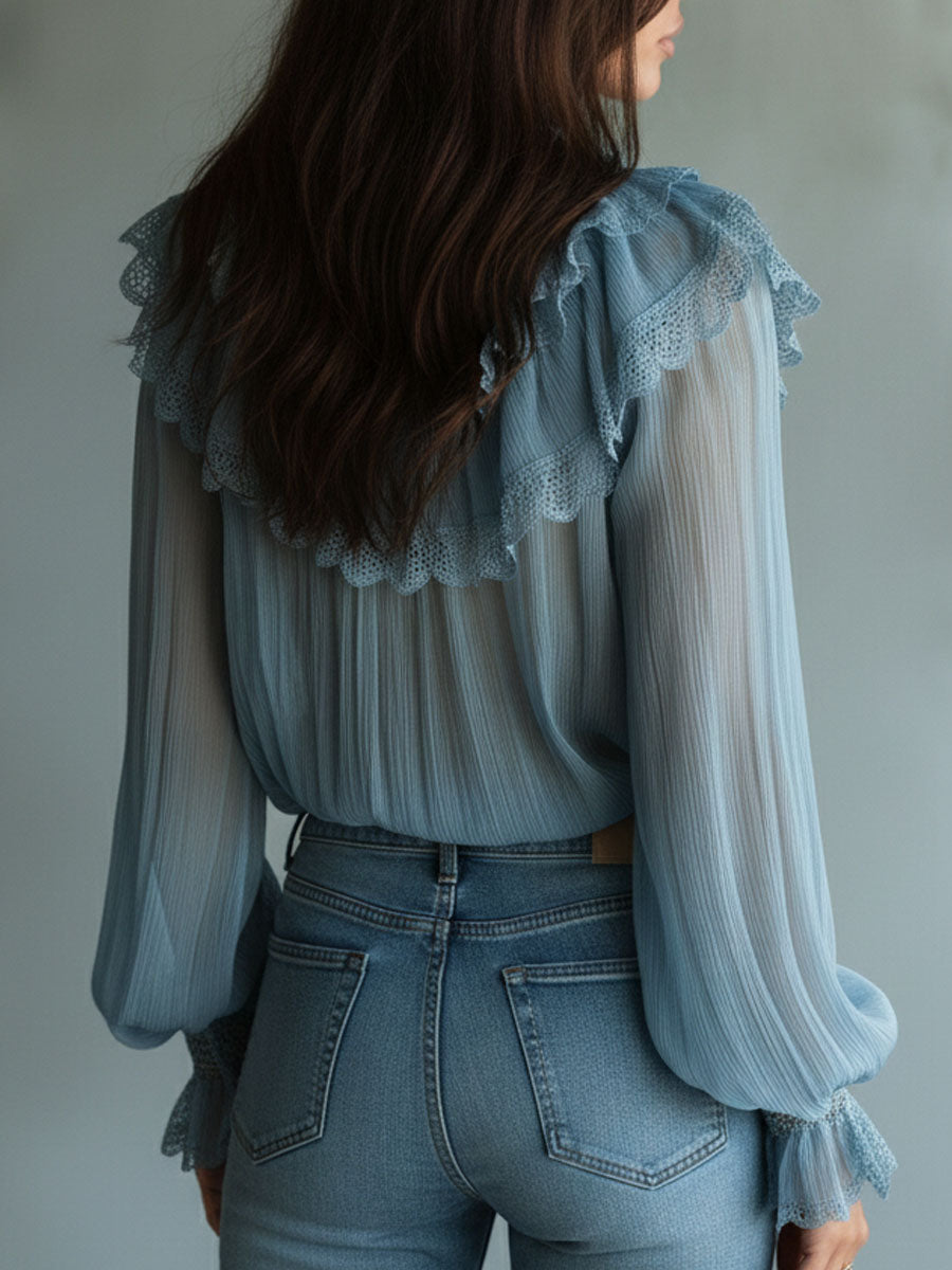 Retro Sky Blue  Lace Trim Pleated Chiffon Ruffle Blouse