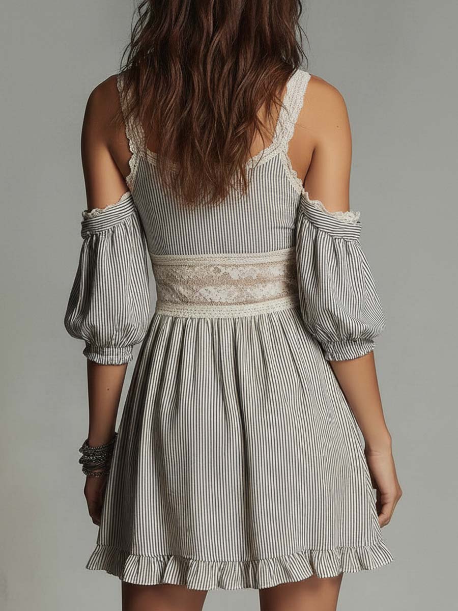 Vintage Boho Lace-Trim Striped Mini Dress