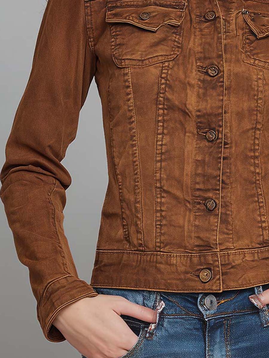 Classic Retro Washed Cocoa Brown Fitted Utility Jacket