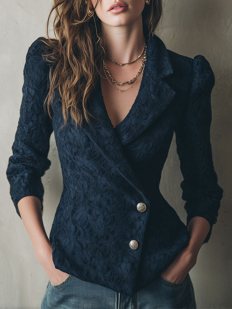 Retro Asymmetric Gold Button Closure Navy Lace Blazer with Puff Shoulders