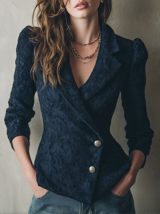 Retro Asymmetric Gold Button Closure Navy Lace Blazer with Puff Shoulders
