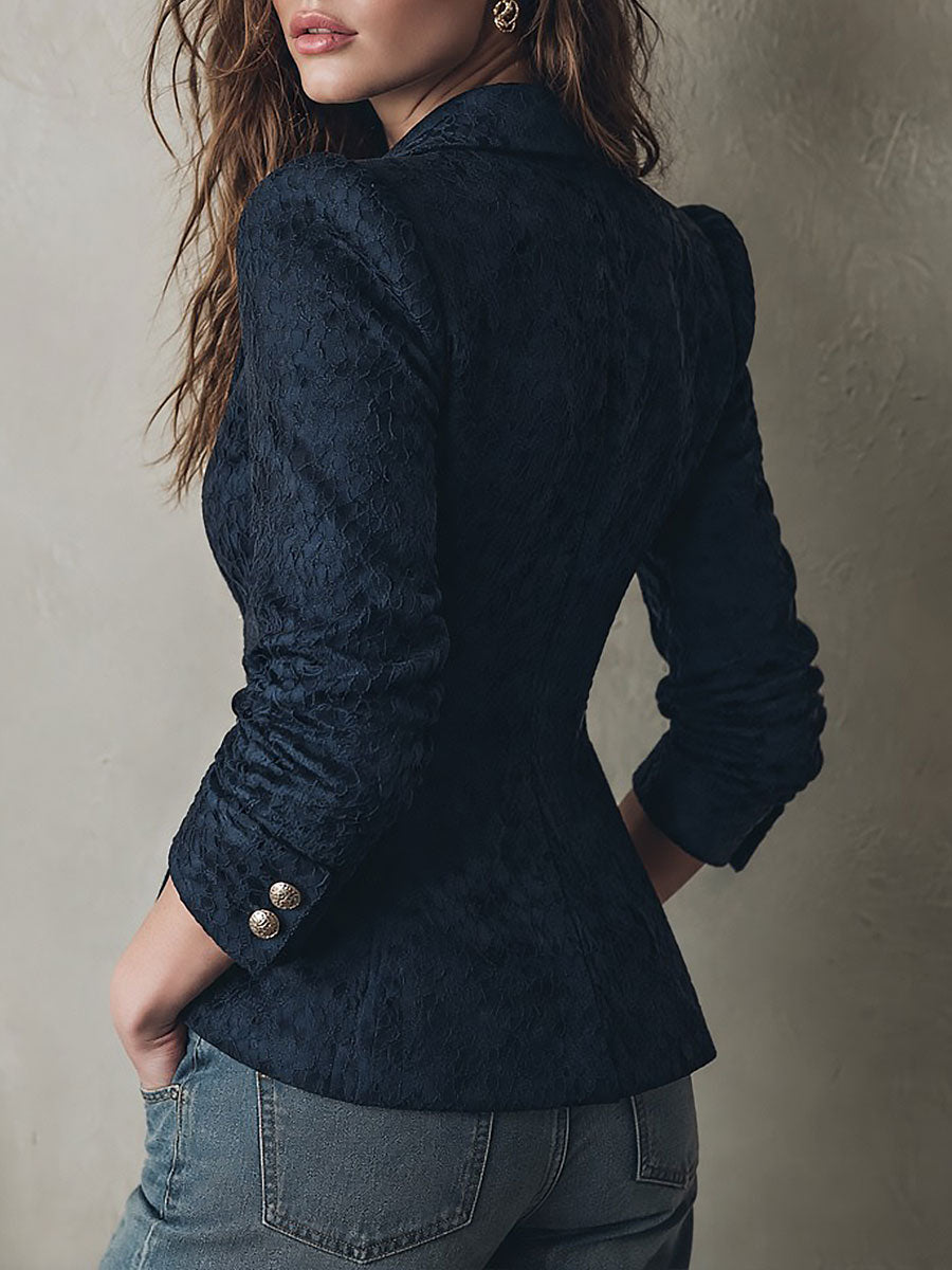 Retro Asymmetric Gold Button Closure Navy Lace Blazer with Puff Shoulders