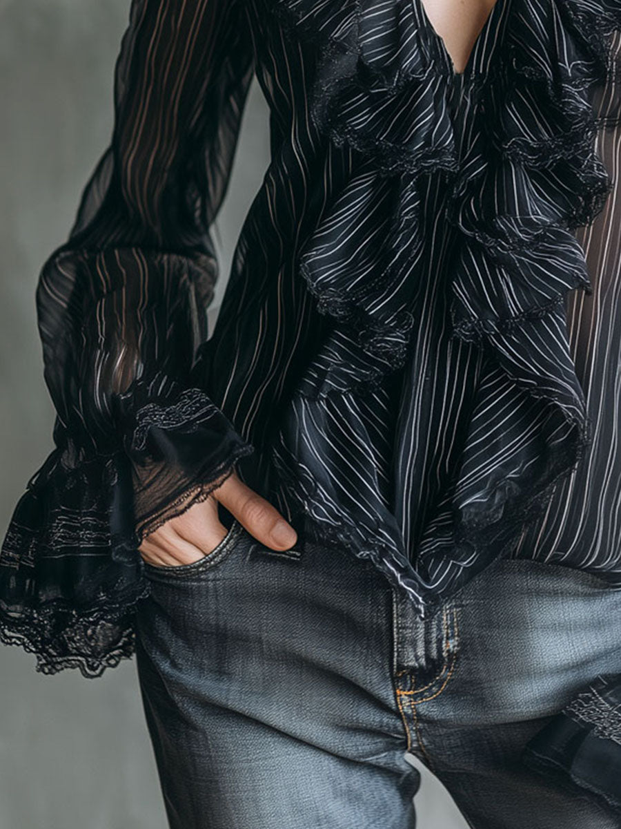 Boho Sheer Black Striped Lace-Trim Ruffle Blouse