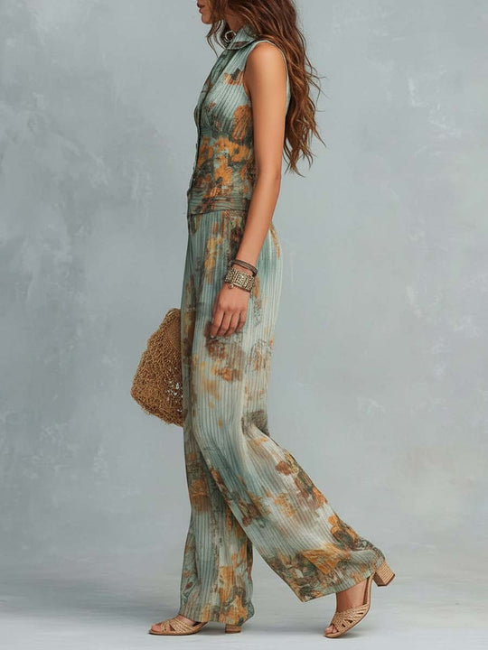 Boho Vintage Sage Floral Cotton-Linen Jumpsuit