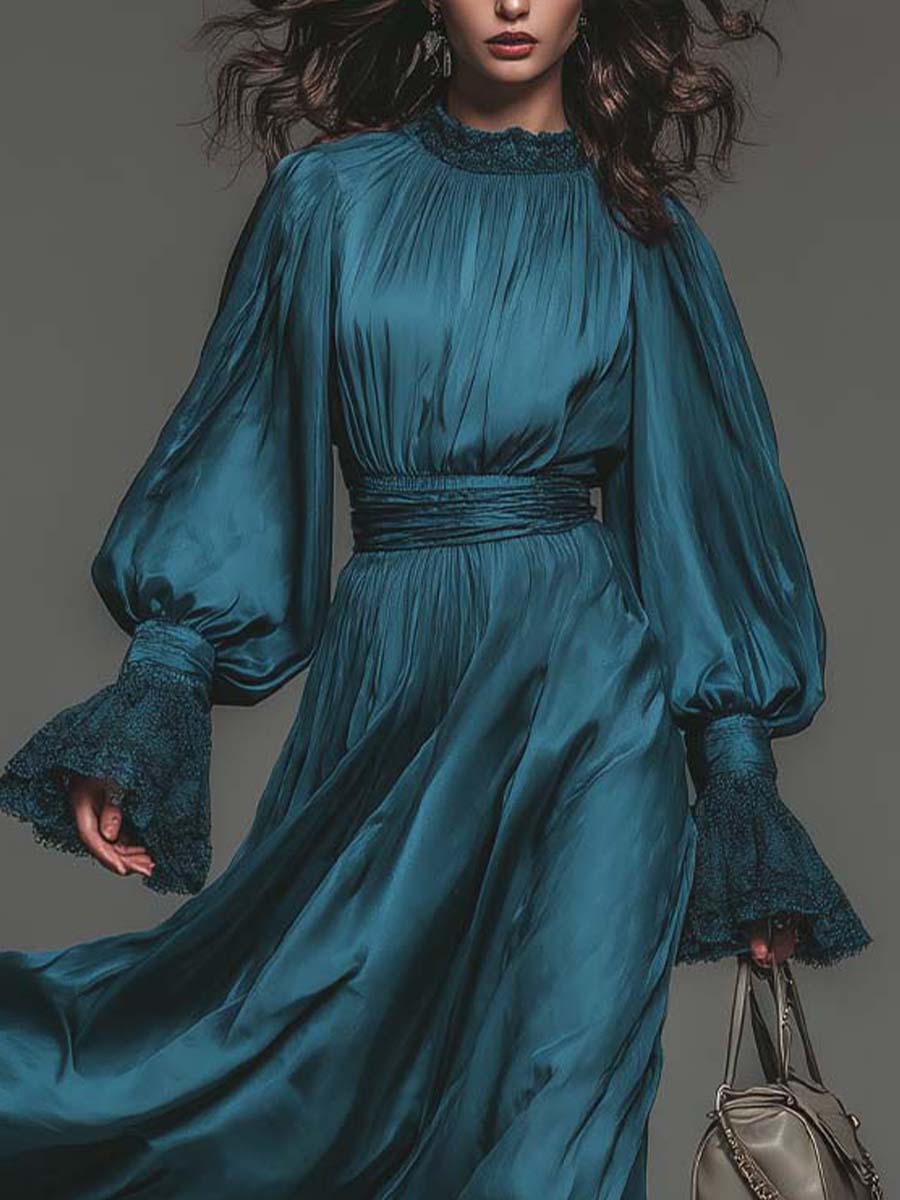 Deep Teal Satin Pleated Maxi Dress
