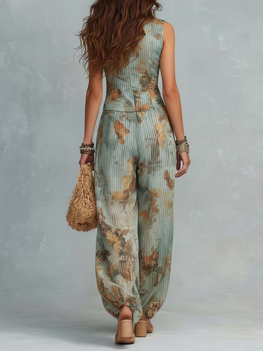 Boho Vintage Sage Floral Cotton-Linen Jumpsuit