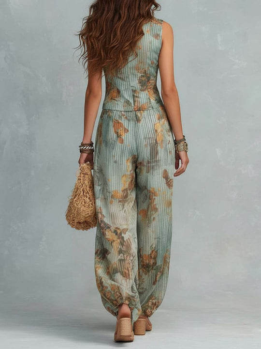 Boho Vintage Sage Floral Cotton-Linen Jumpsuit