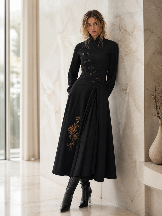 Black Mandarin Collar Embroidered Midi Dress