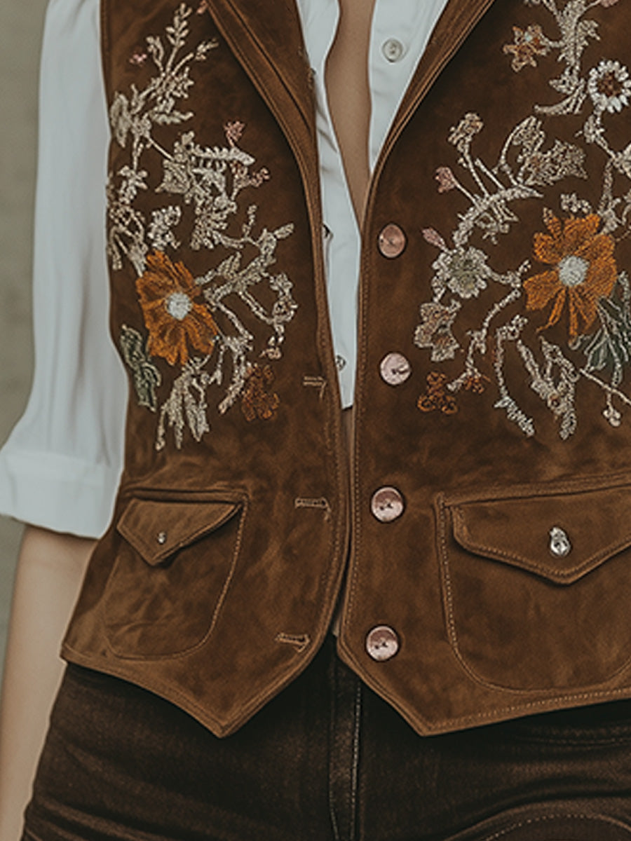 Rustic Chic Bohemian Elegant Suede Embroidered Vest