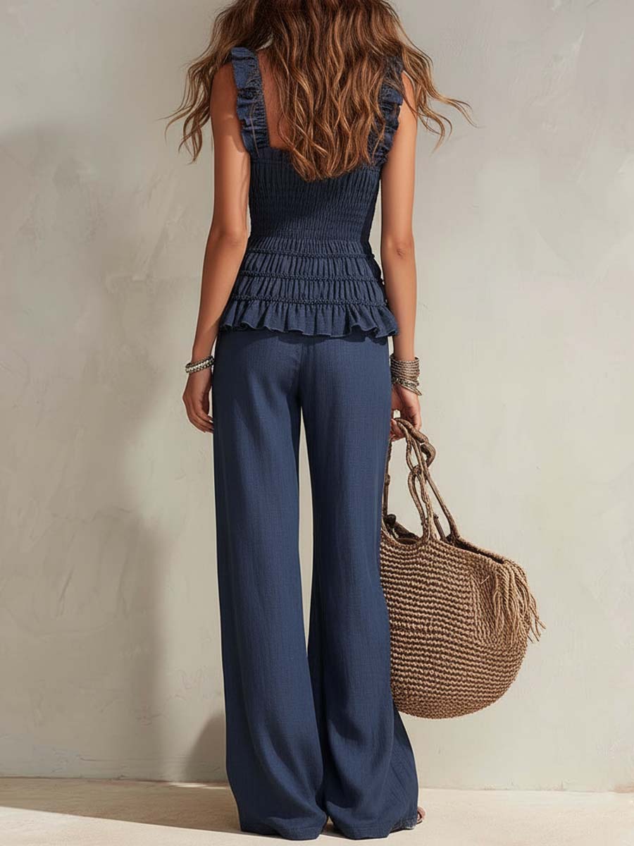 Bohemian Ruffle Smocked Tencel Camisole & Wide-Leg Pants Set