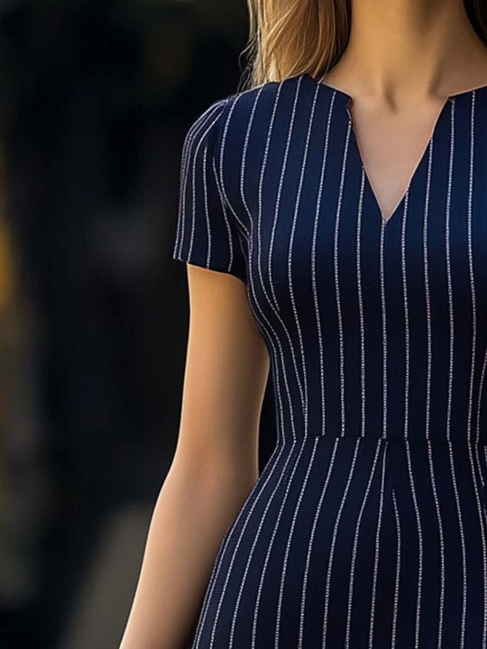 Pinstripe V - Neck Bodycon Midi Dress