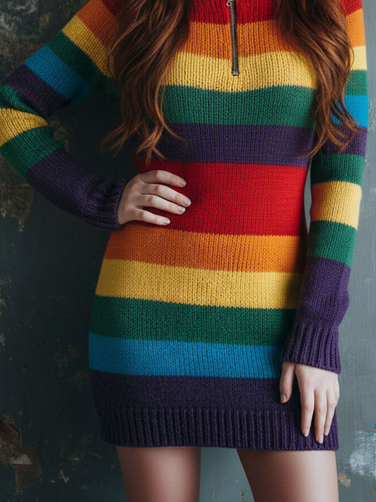 Retro Rainbow Stripe Knit Zip-Up Sweater Mini Dress