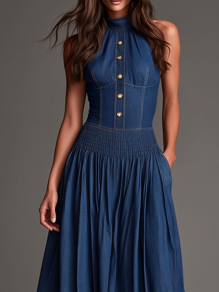 Retro Denim High-Neck Smocked Waist Maxi Dress