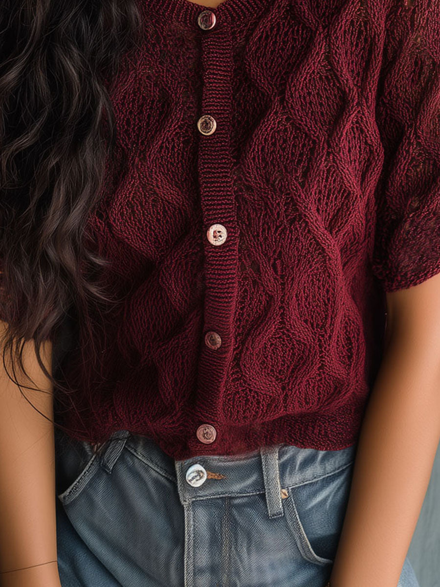 Classic Burgundy Textured Knit Button Front Cardigan
