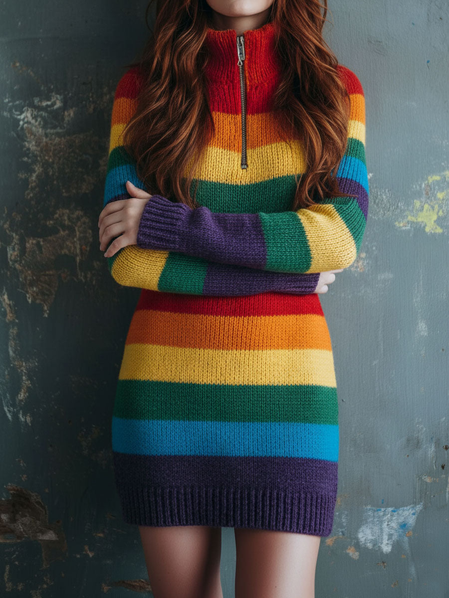 Retro Rainbow Stripe Knit Zip-Up Sweater Mini Dress