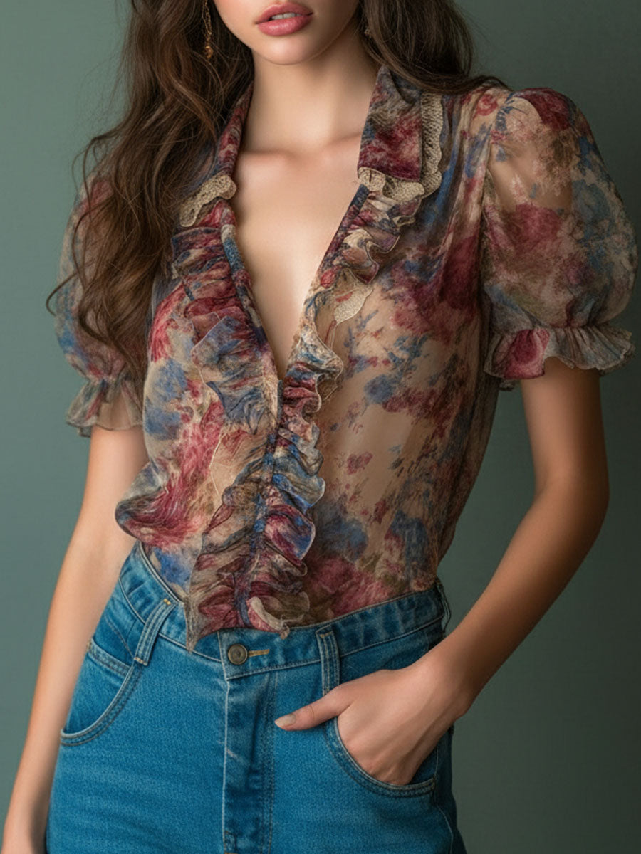 Vintage Sheer Floral Ruffle Puff Sleeve Blouse