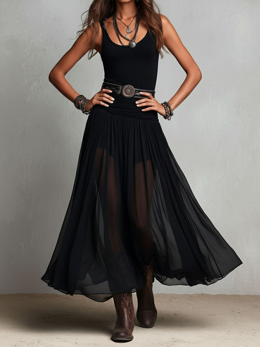 Boho Western Black  Stretchy Maxi  Dress With Sheer Skirt