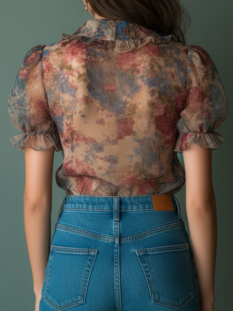 Vintage Sheer Floral Ruffle Puff Sleeve Blouse