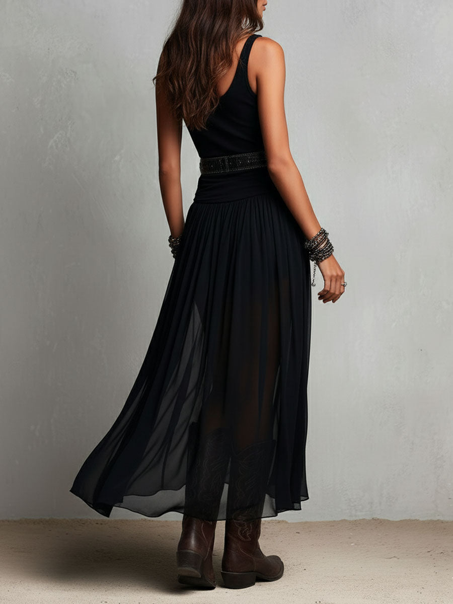 Boho Western Black  Stretchy Maxi  Dress With Sheer Skirt