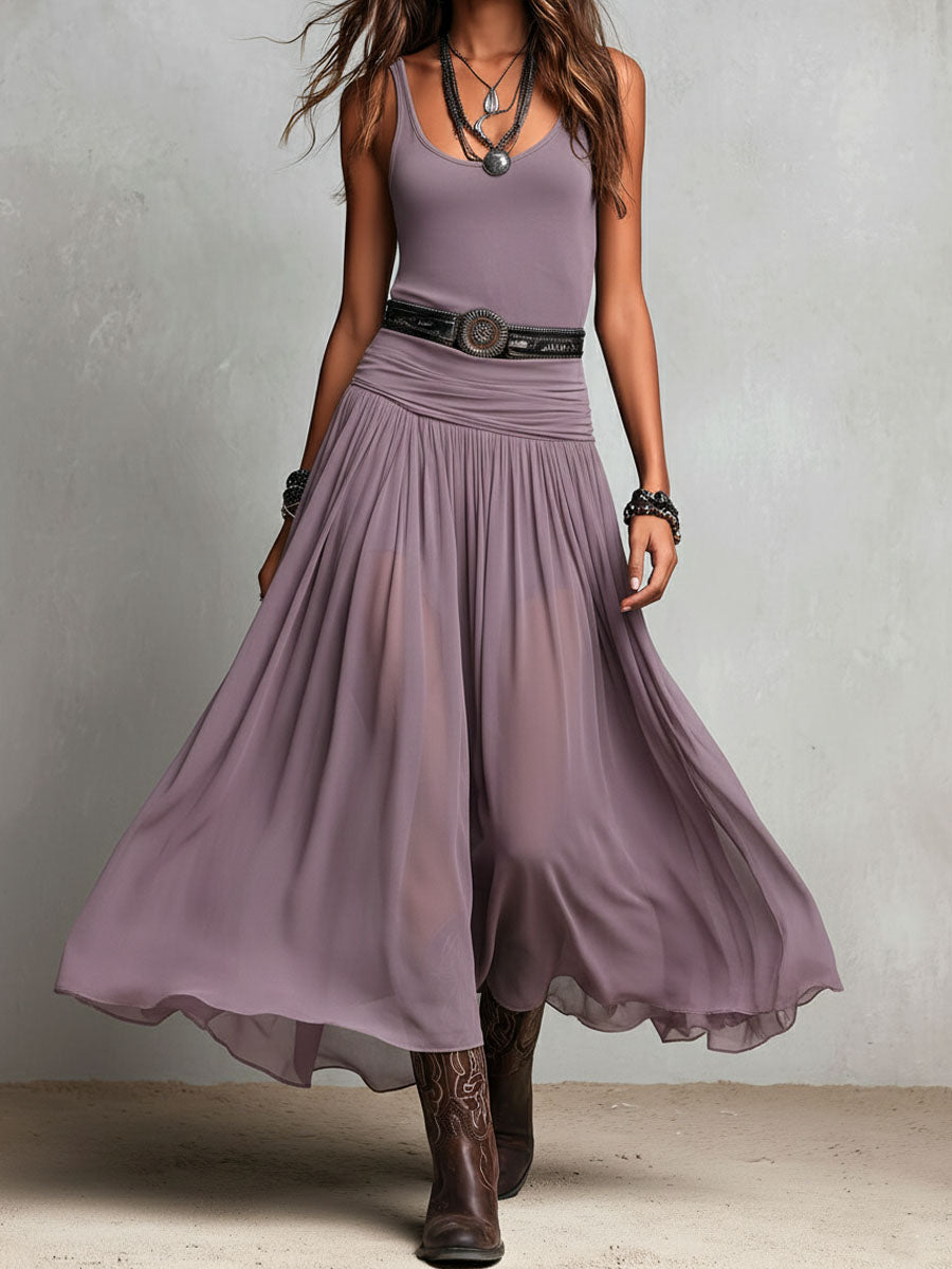 Boho Western Black  Stretchy Maxi  Dress With Sheer Skirt