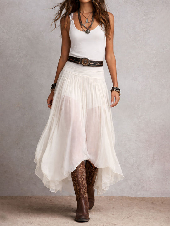 Boho Western Black  Stretchy Maxi  Dress With Sheer Skirt