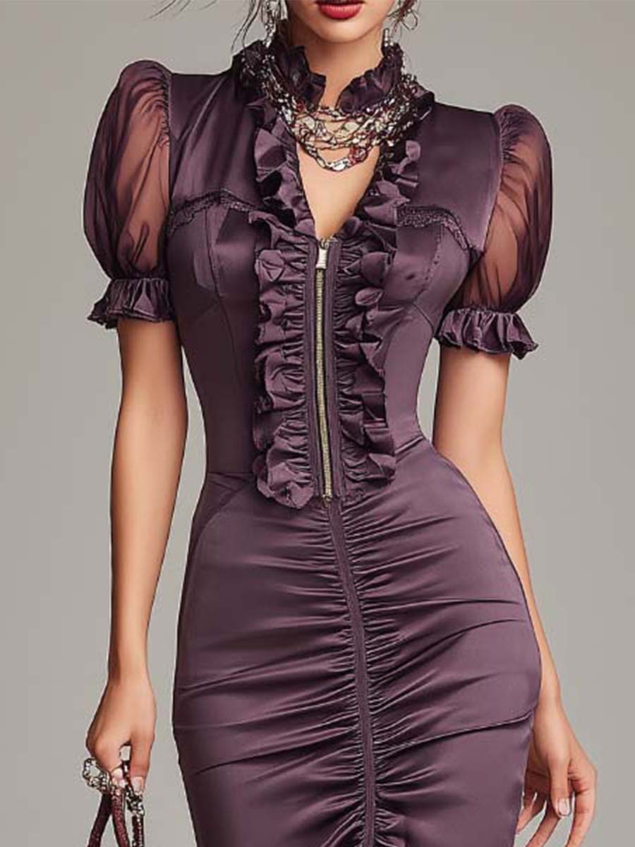 Elegant Vintage Ruffle Ruched Midi Dress