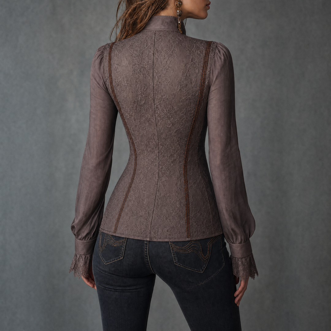 Boho-style Lace Panels Fitted Blouse With Flared Sleeves