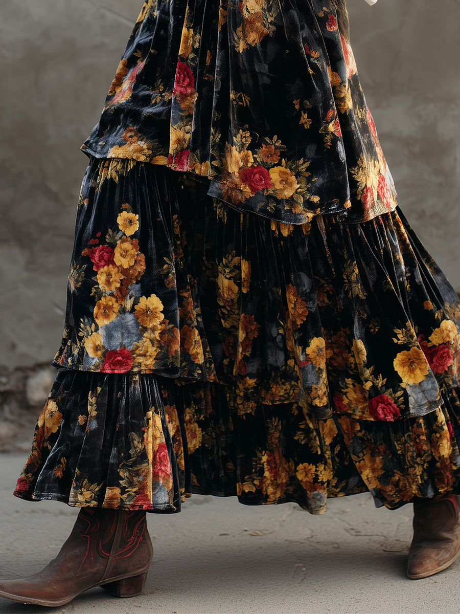 Retro Polyester Velvet Oil Painting Printed Multi-layered Ruffle Hem Maxi Skirt
