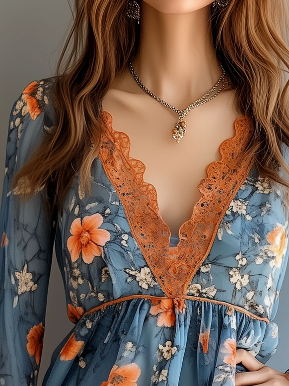 Boho Floral Printed Lace Trim Chiffon Blouse