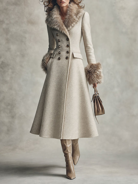 Quiet Luxury Fur-trimmed Collar Double-breasted Wool-blend Coat With Waist-cinching Fit