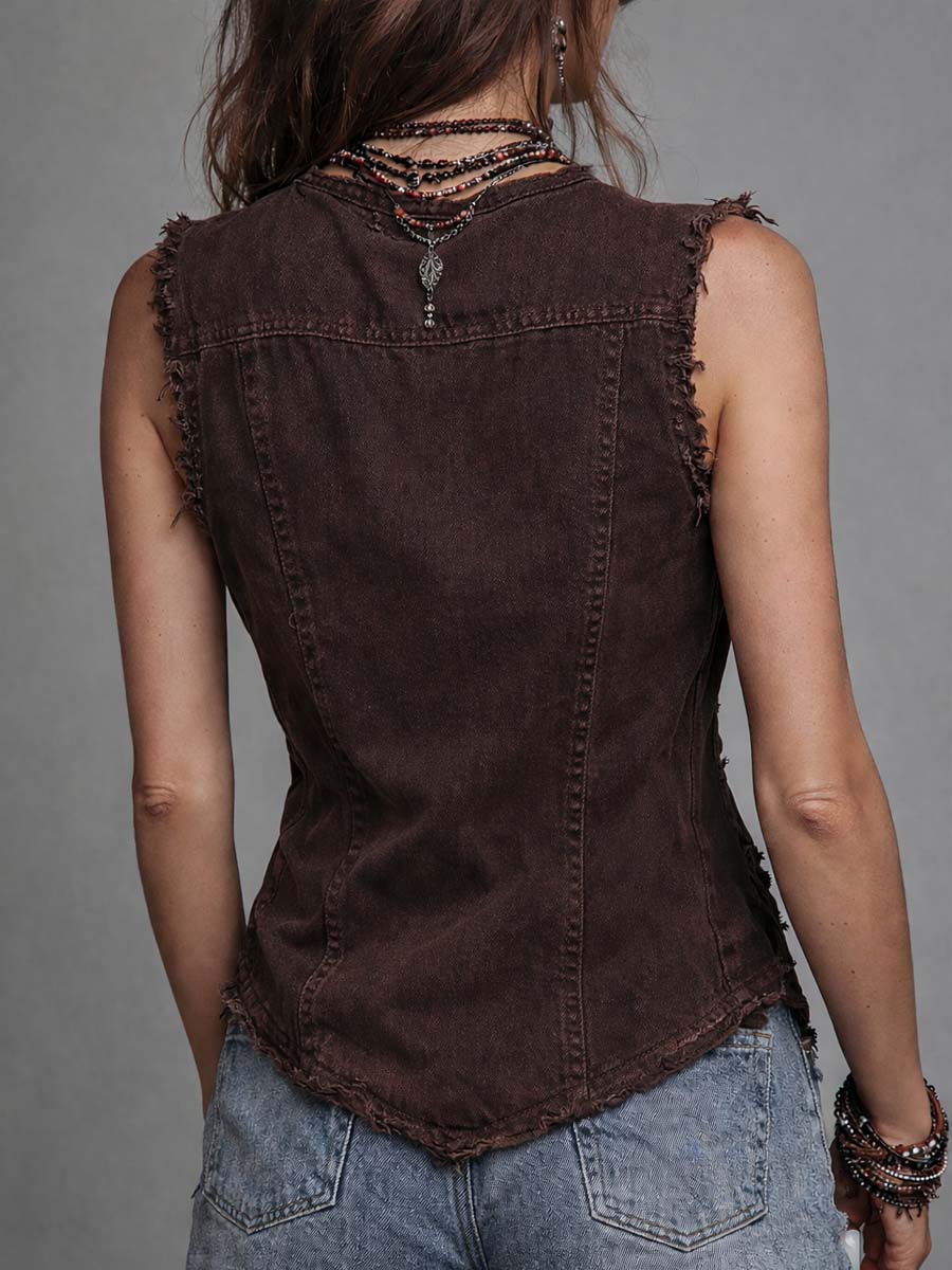 Retro Bohemian Frayed Denim Vest With Zipper