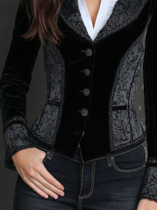 Baroque Black Velvet Print Sculpted Blazer