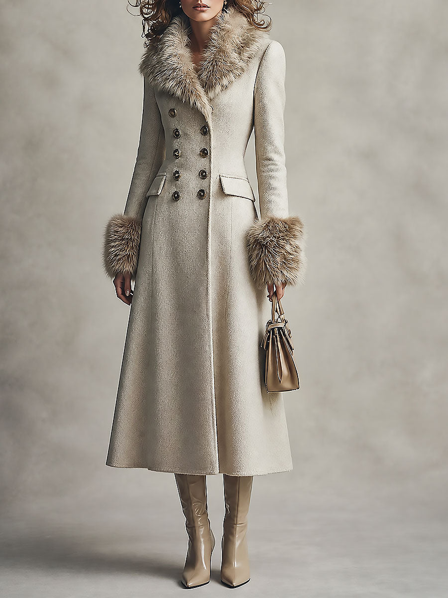Quiet Luxury Fur-trimmed Collar Double-breasted Wool-blend Coat With Waist-cinching Fit