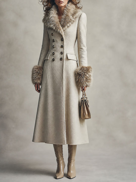 Quiet Luxury Fur-trimmed Collar Double-breasted Wool-blend Coat With Waist-cinching Fit