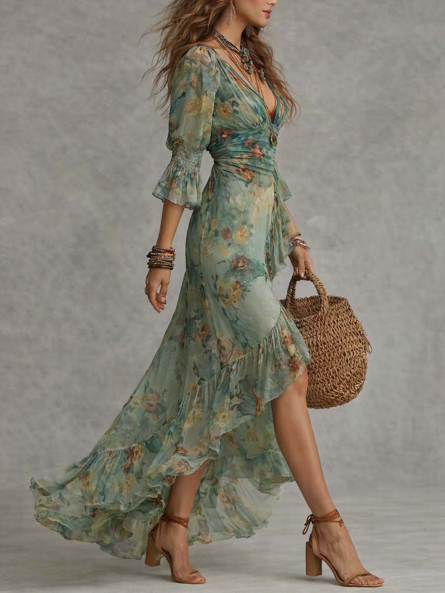 Retro Romantic Floral Wrap Long Dress