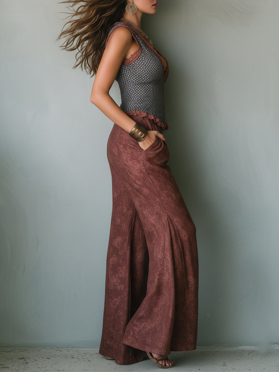 Polka Dot Lace-Trimmed Vest & Printed Wide-Leg Pants Set