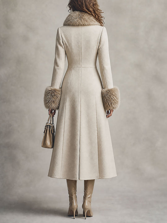 Quiet Luxury Fur-trimmed Collar Double-breasted Wool-blend Coat With Waist-cinching Fit