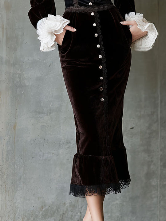 Elegant Structured Velvet Lace Midi Dress With Satin Lapel