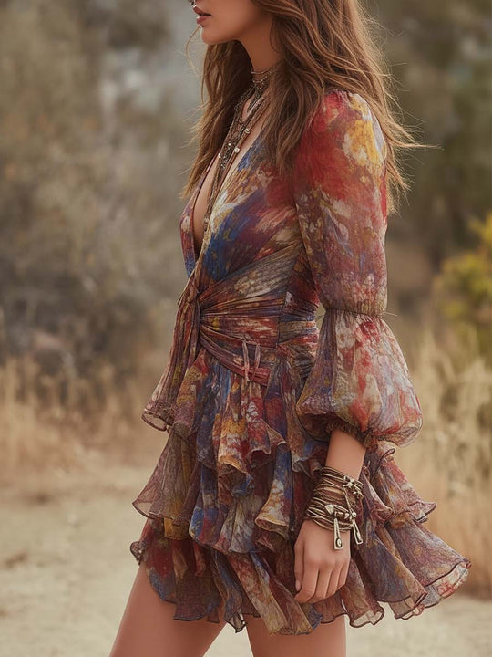 Boho Floral Ruffled Mini Dress