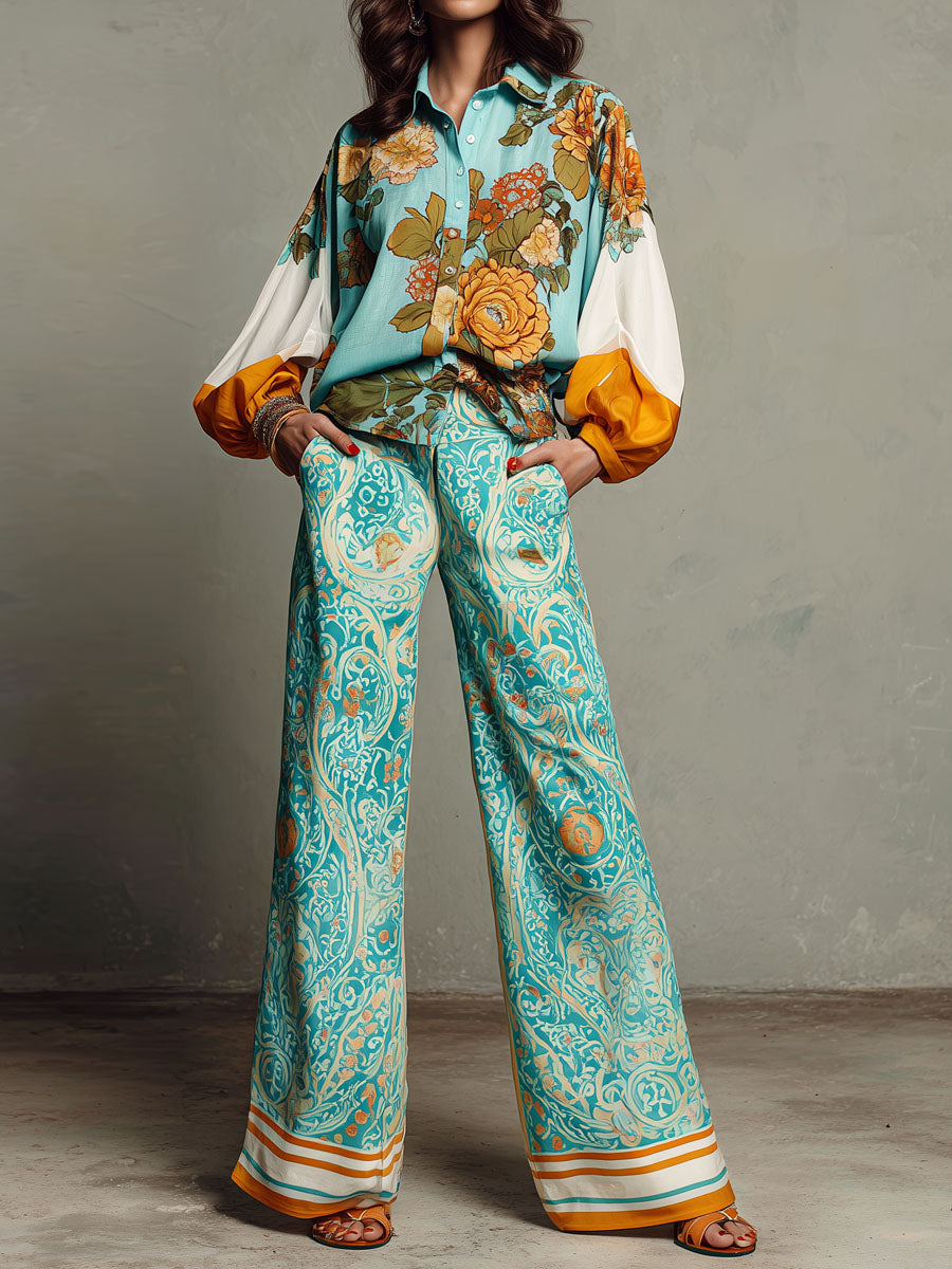 Artistic High-Waist Turquoise Baroque Print Wide-Leg Pants