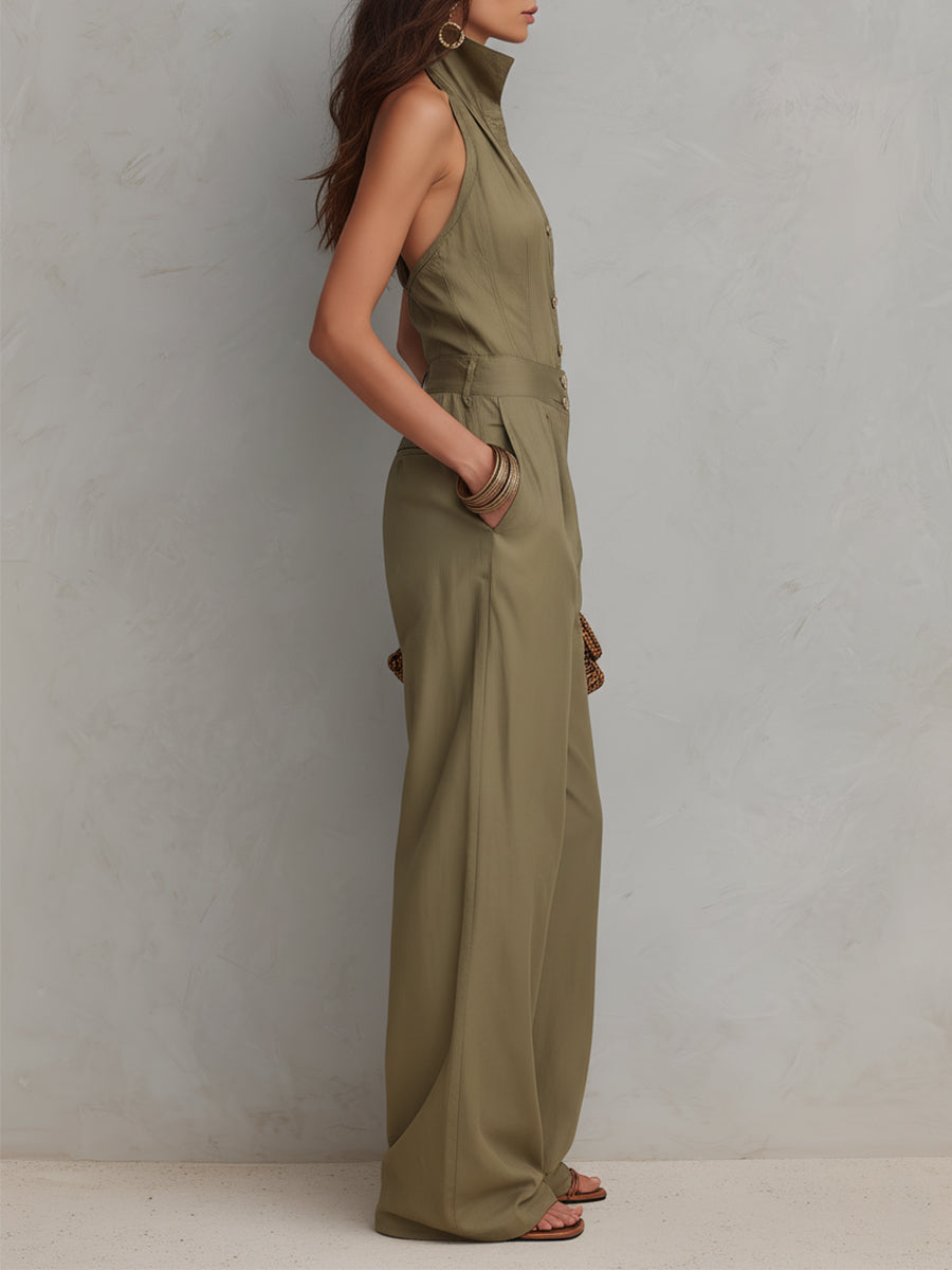 Chic Stand-up Collar Buttoned Straight Jumpsuit